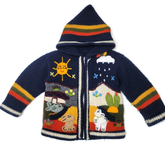 Other - Peruvian wool applique cute hooded zip animal farm striped knit sweater